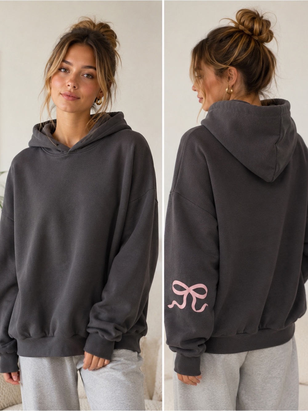 Edikted Charcoal Hoodie with Pink Sleeve Bow